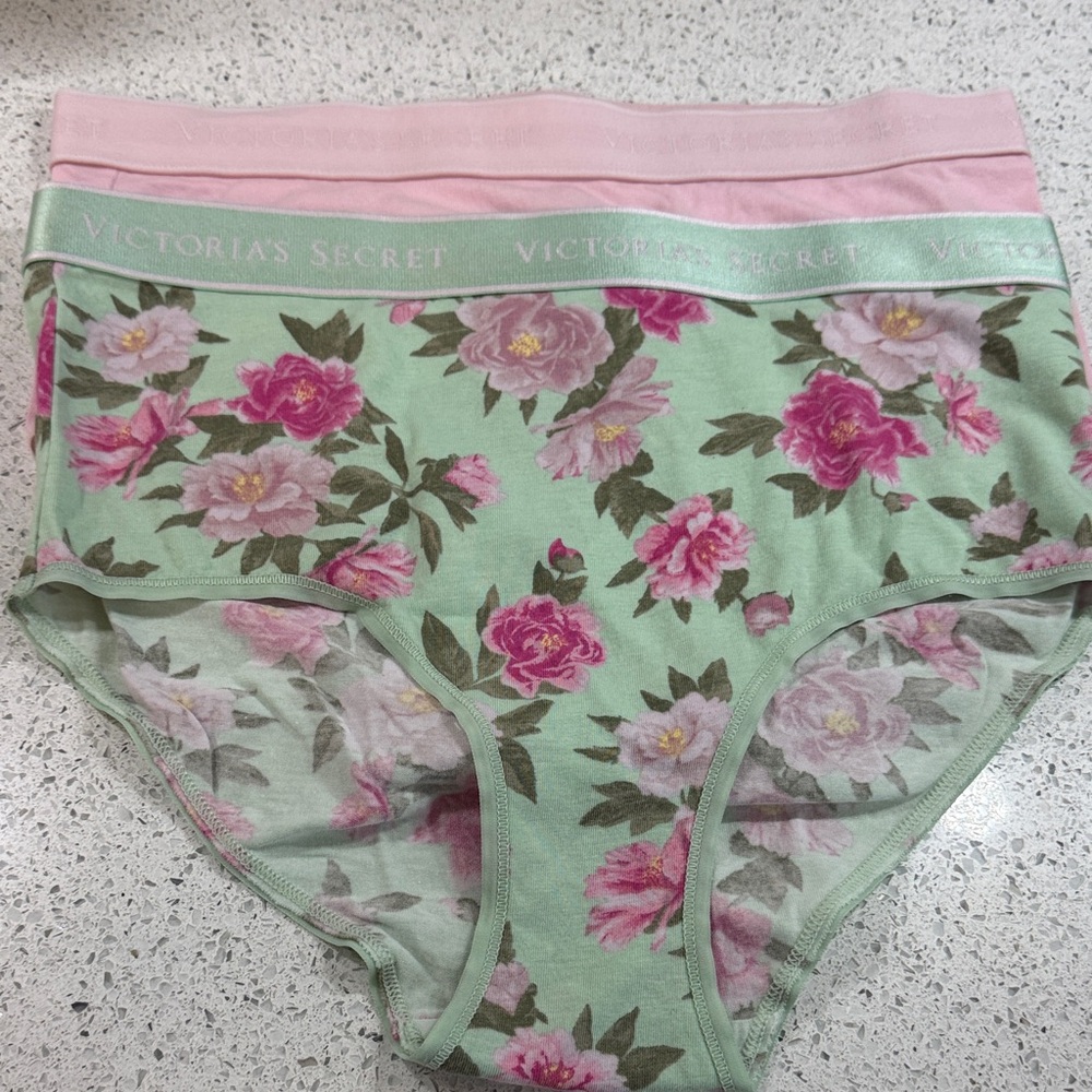 Victoria's Secret Mint Green Floral High-Waist Panties - Pink Waistband